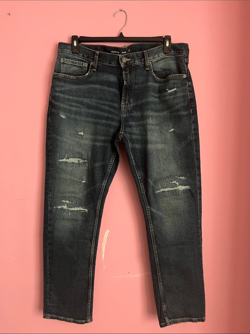 Old Navy Men’s Slim Straight Distressed Dark Blue Jeans